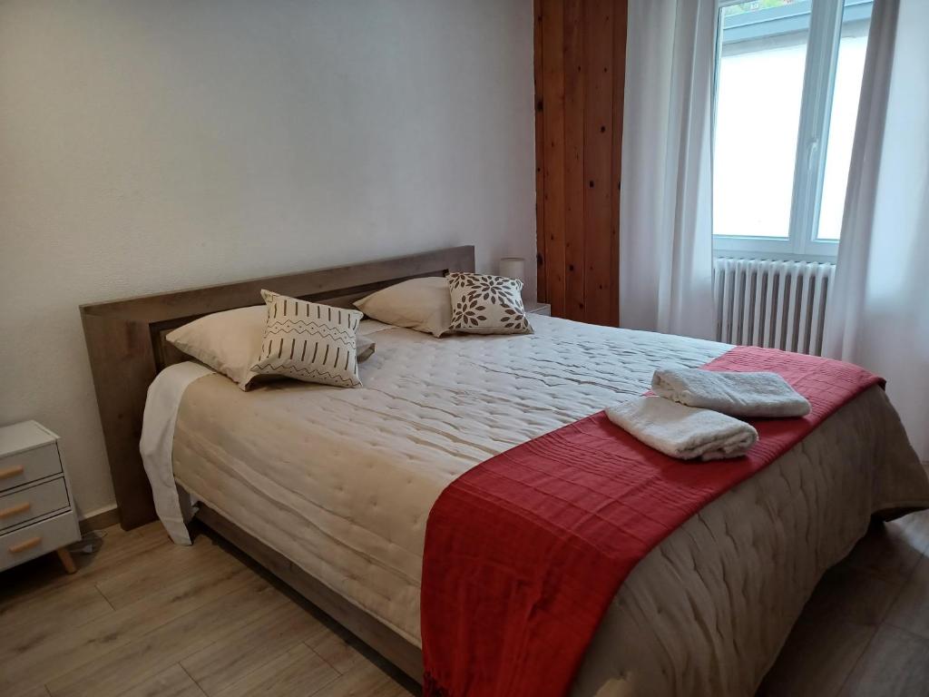 ein Schlafzimmer mit einem großen Bett mit Kissen darauf in der Unterkunft Appartement 6 pers, LA VANOISE, GARAGE motos vélos in Fourneaux