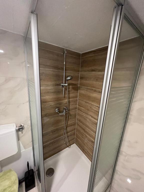 a shower with a wooden wall in a bathroom at Du Port in Erlach