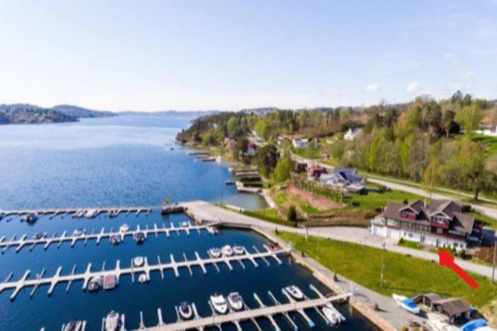 an aerial view of a marina with boats in the water at Leilighet ved sjøen med strand in Porsgrunn