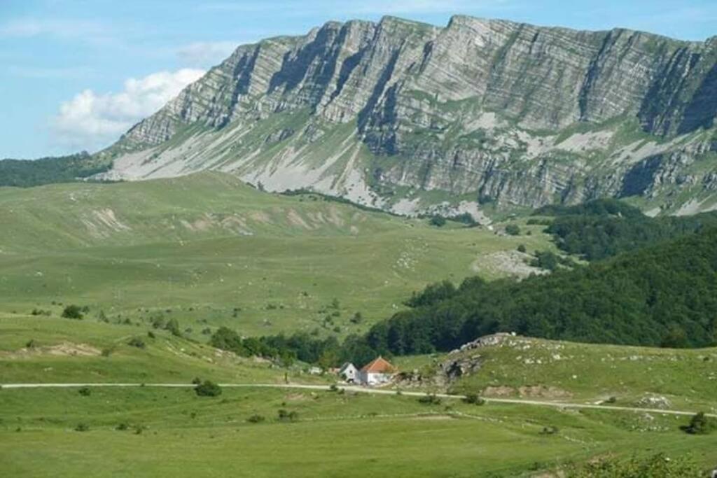 a mountain with a house in the middle of a field at Čemerno Cottage in Gacko