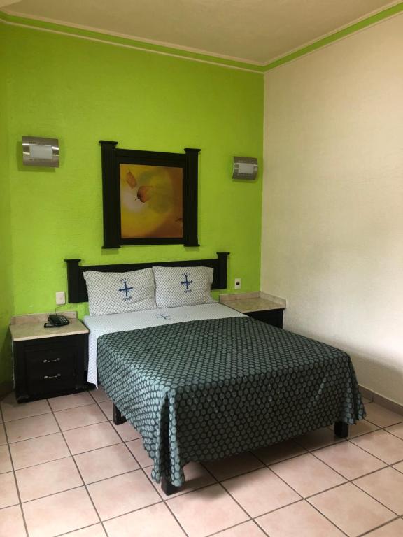 瓜達拉哈拉的住宿－艾斯多酒店，一间卧室设有一张床和绿色的墙壁