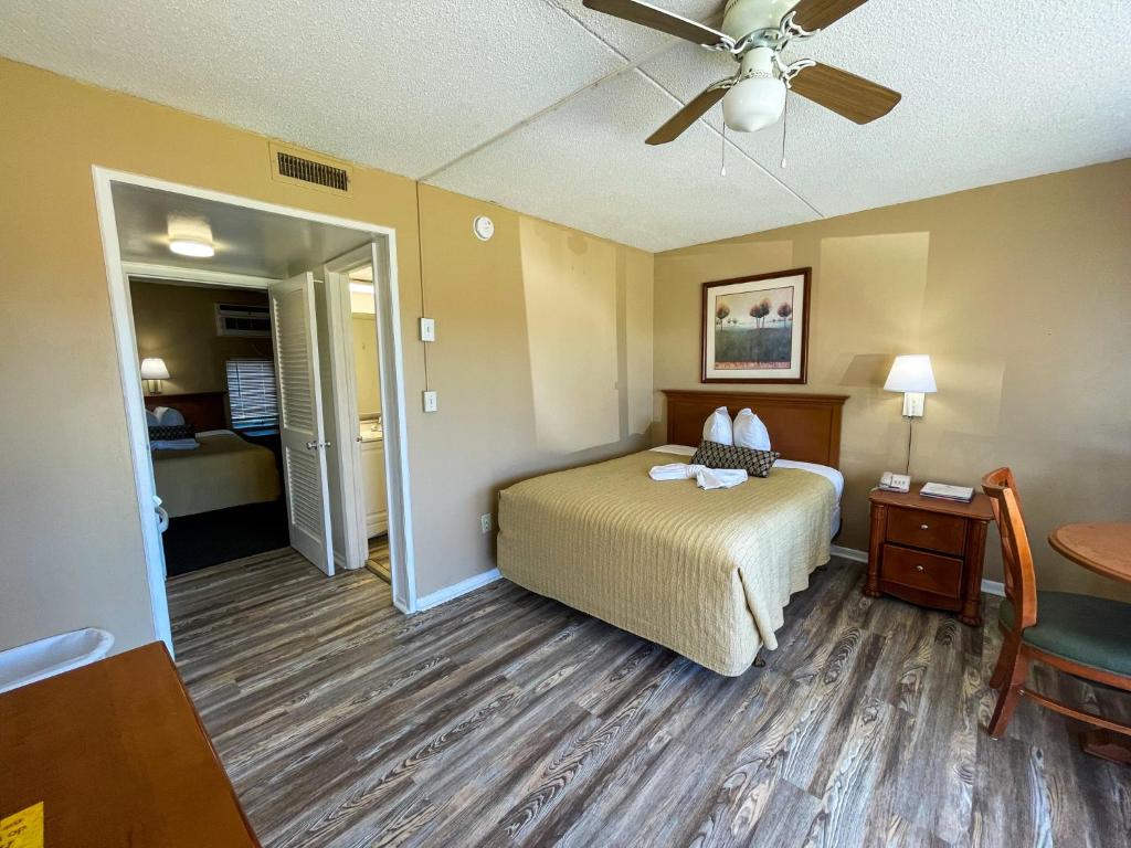 a hotel room with a bed and a ceiling fan at Oceanfront Viking Motel in Myrtle Beach