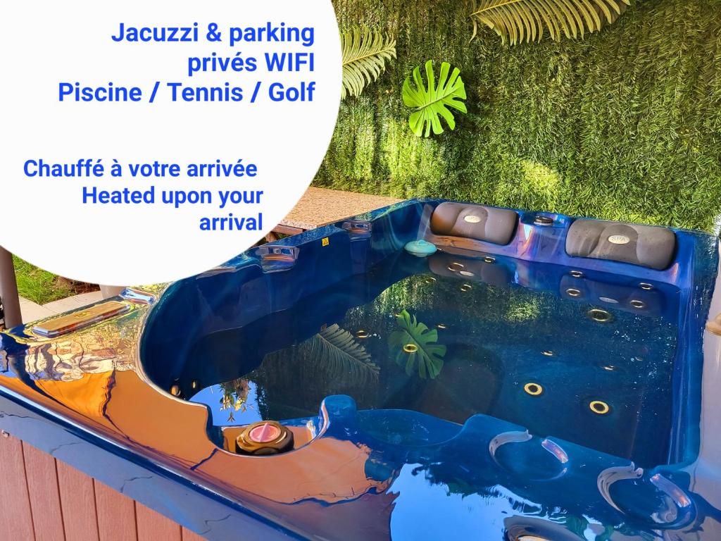 ein Pool in einem Boot mit den Worten Vermietungsparkpreise WLAN Begriffe WLAN Golf in der Unterkunft Évasion à deux, domaine prestigieux, jacuzzi et parking privés, piscine in Cannes