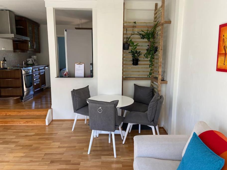 una cucina e una sala da pranzo con tavolo e sedie di Lys og trivelig leilighet i Larvik a Larvik