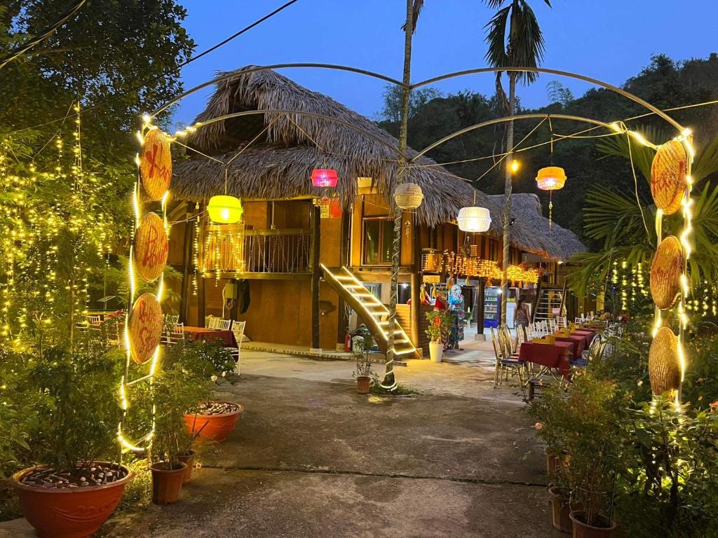 ein Gebäude mit Lichtern und Pflanzen davor in der Unterkunft Bee Lucky Homestay in Cát Bà