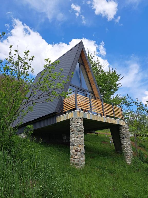 a house with a roof on top of a field at Fern Farm Tiny Home in Mojkovac