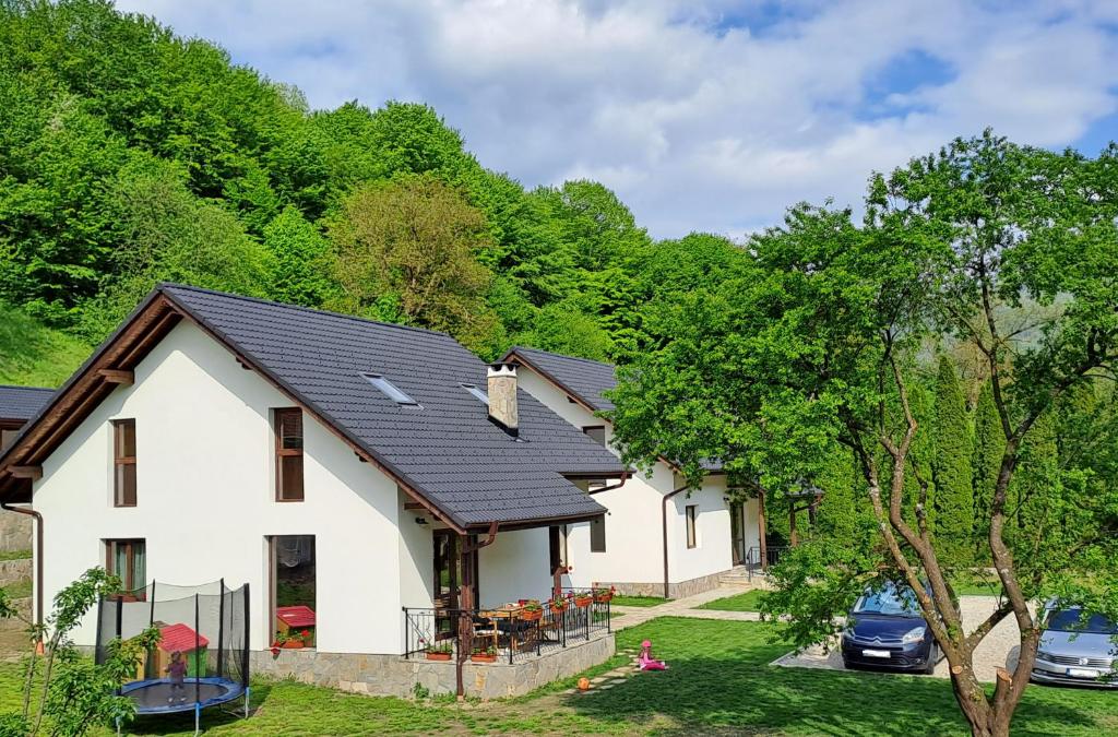 uma casa branca com um telhado preto em Тиловите къщи em Ribarica