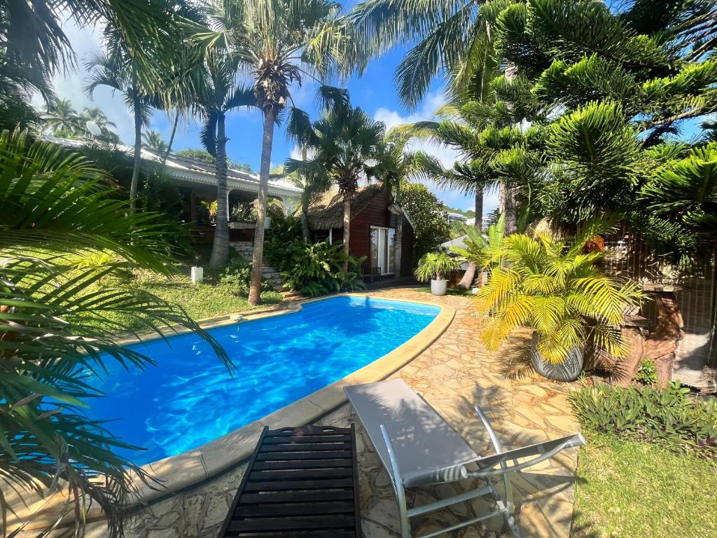 a swimming pool in front of a house with palm trees at Bungalow indépendant dans jardin exotique , piscine in Fleurimont