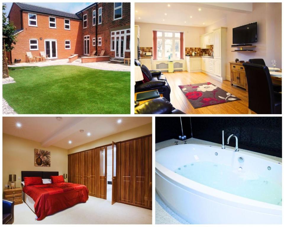 a collage of pictures of a house with a bath tub at Premier Apartments in Caister-on-Sea