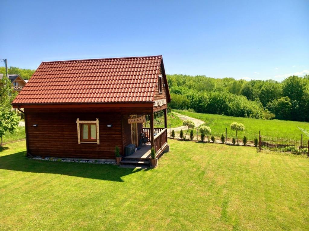 a small cabin in a field with a yard at Chatka Zuzia in Polańczyk