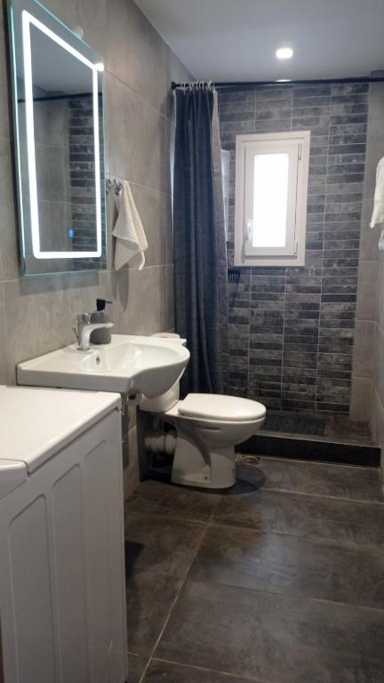 a bathroom with a sink and a toilet and a mirror at Mantalena's house in Antiparos
