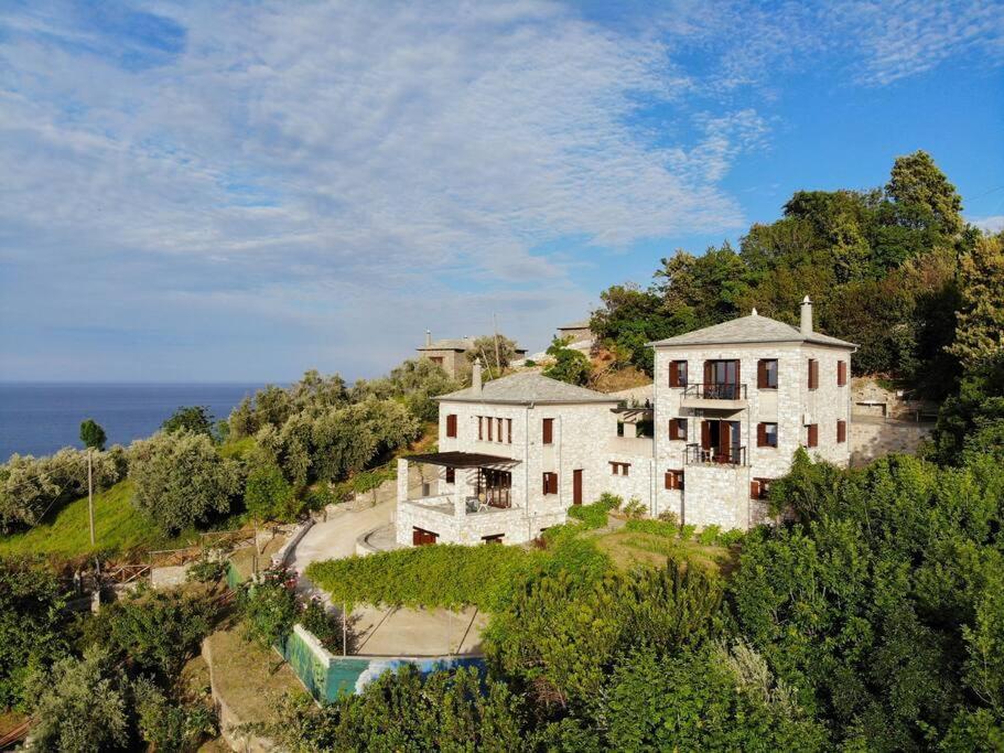 una gran casa blanca en una colina junto al océano en 2 beautiful sea villas 17guests, en Damouchari
