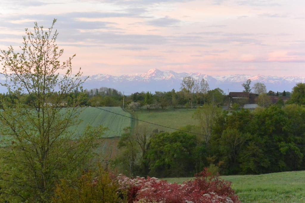 a view of a field with mountains in the background at Chalet Miquéou Gers in Marseillan