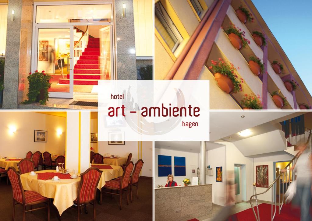 een collage van foto's van een restaurant met een tafel en stoelen bij Hotel Art-Ambiente in Hagen