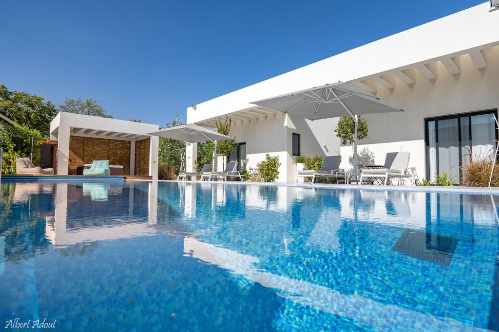a swimming pool in front of a house at דולב 55 מתחם סוויטות בוטיק Dolev 55 Boutique complex & Spa in Devora