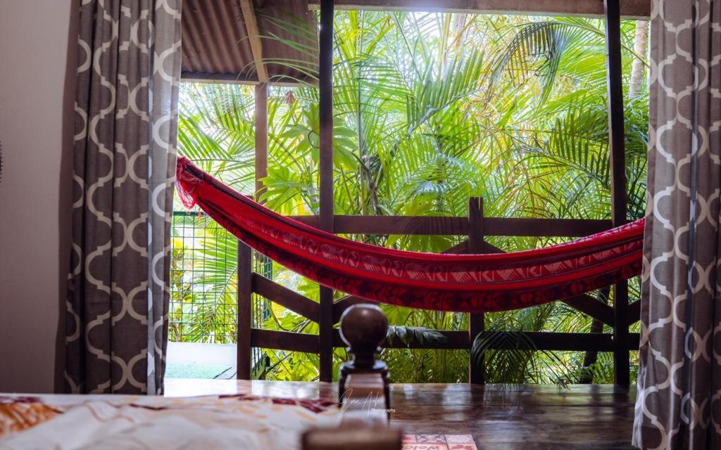 a hammock in a room with a large window at FLOR DE PARAISO BUNGALOWS in Montezuma