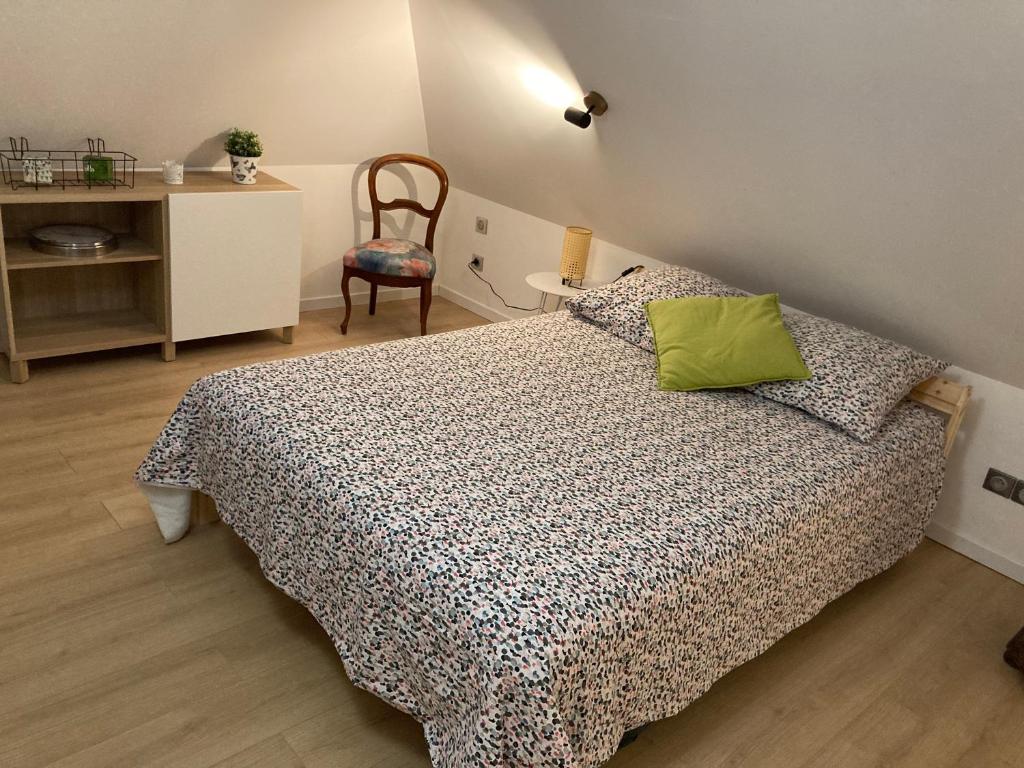 een slaapkamer met een bed met een groen kussen erop bij Magic Valley in Husseren-Wesserling