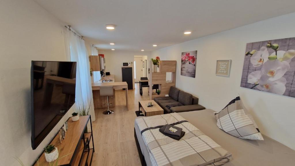 un soggiorno con divano e TV di Appartment-Ferienwohnung mit Küche, Bad, kostenlos WLAN, Modern eingerichtet a Roding