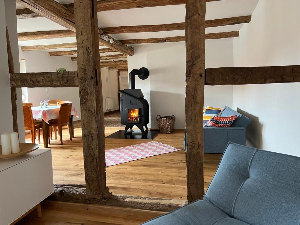 a living room with a blue couch and a wood stove at Am Schusterberg in Schielo