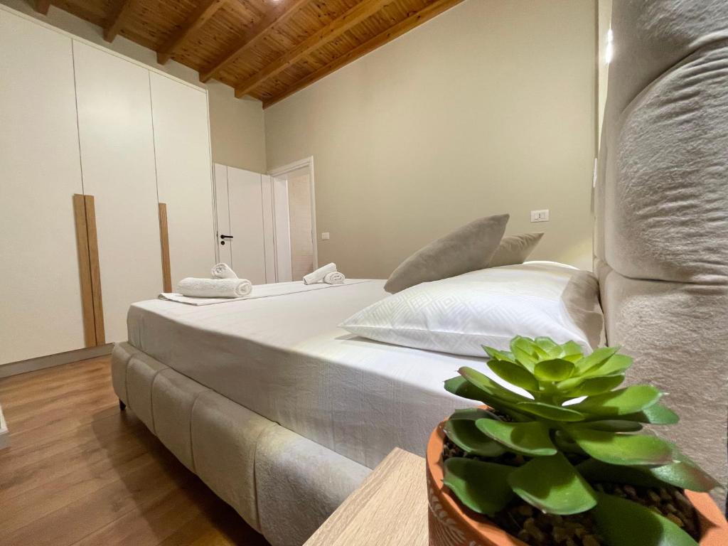a bedroom with a large bed and a potted plant at Vila Arial in Vlorë