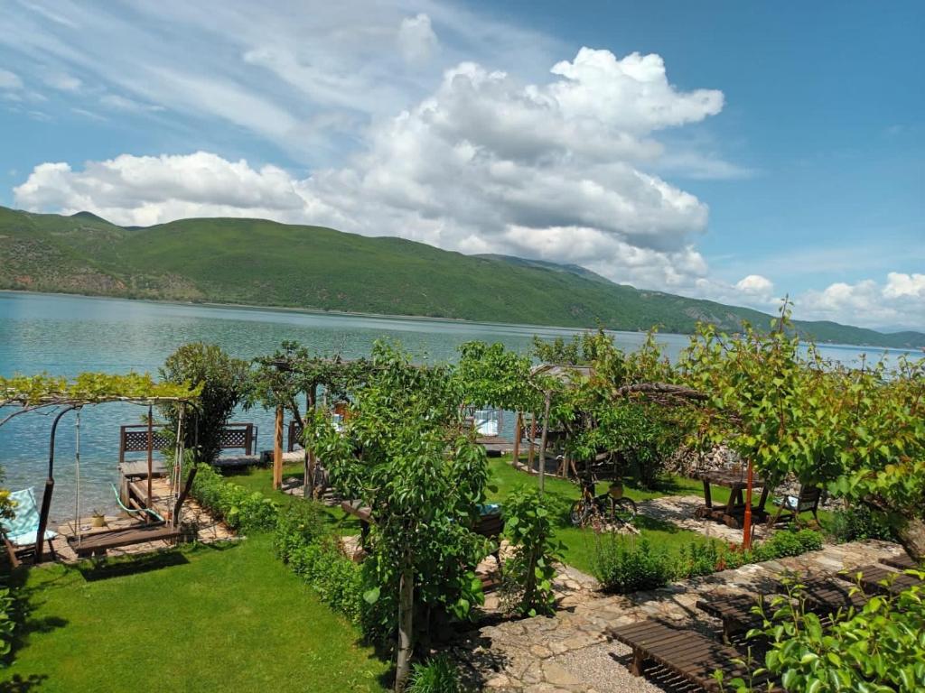 a garden with a view of a body of water at Guest House Lin in Lin