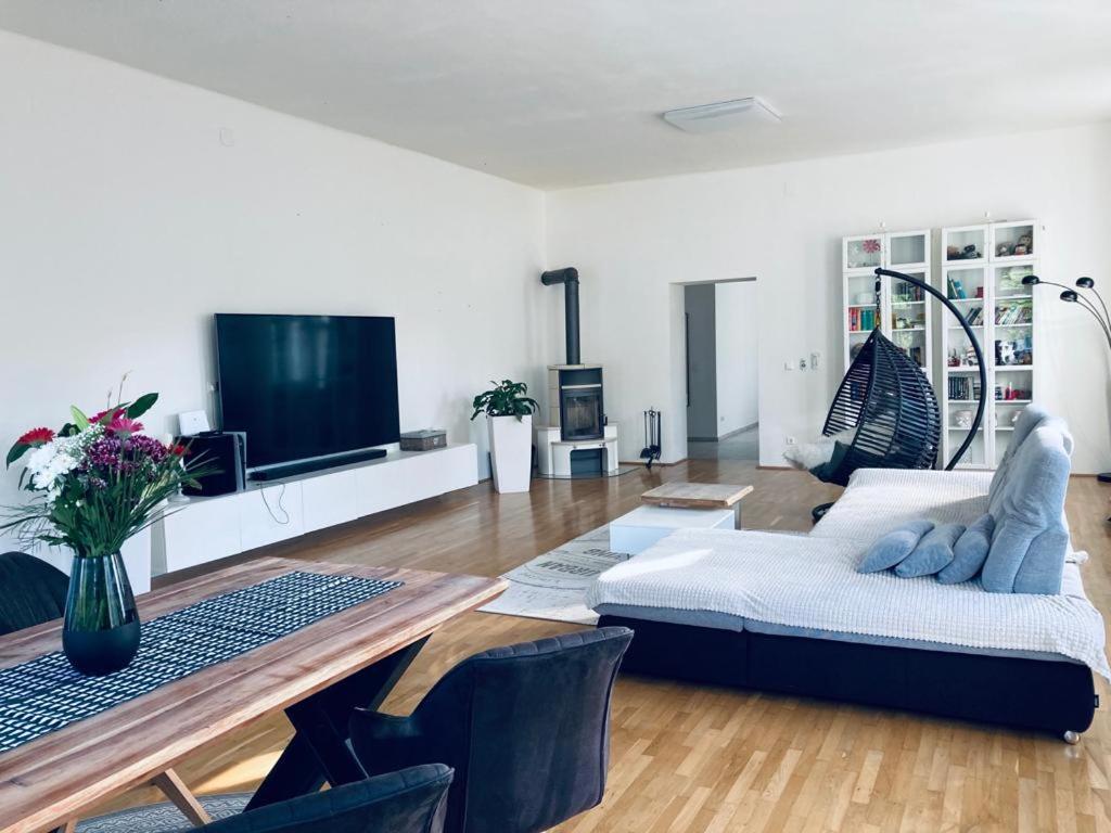 a living room with a couch and a tv at Villa Schönfeld in Schönfeld