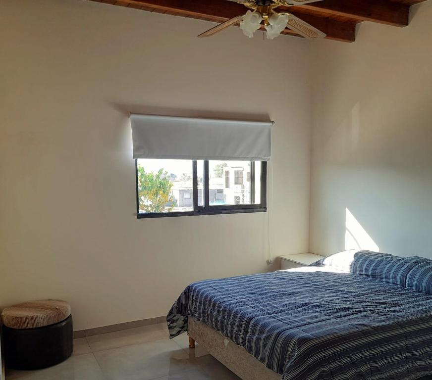 1 dormitorio con 1 cama con edredón azul y ventana en León I en Mendoza
