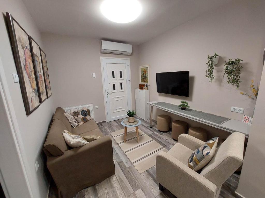- un salon avec deux canapés et une télévision dans l'établissement Marina's apartment, à Peraia