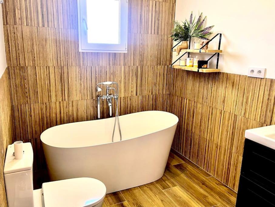 a bathroom with a tub and a toilet in it at Casa Mediterranea- Les mil i una nits in Valencia