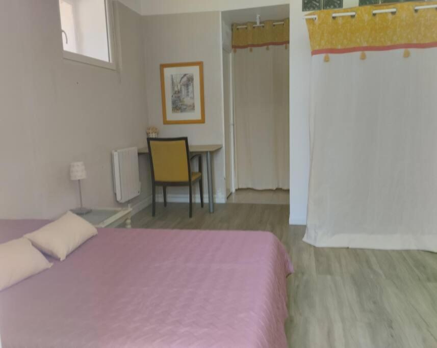 Zimmer mit einem Bett und einem Tisch mit einem Stuhl in der Unterkunft jolie Mazet avec piscine privée ! in Nîmes