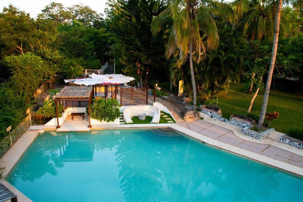 an overhead view of a swimming pool with a gazebo at Casa Real Palo Gacho in Emiliano Zapata