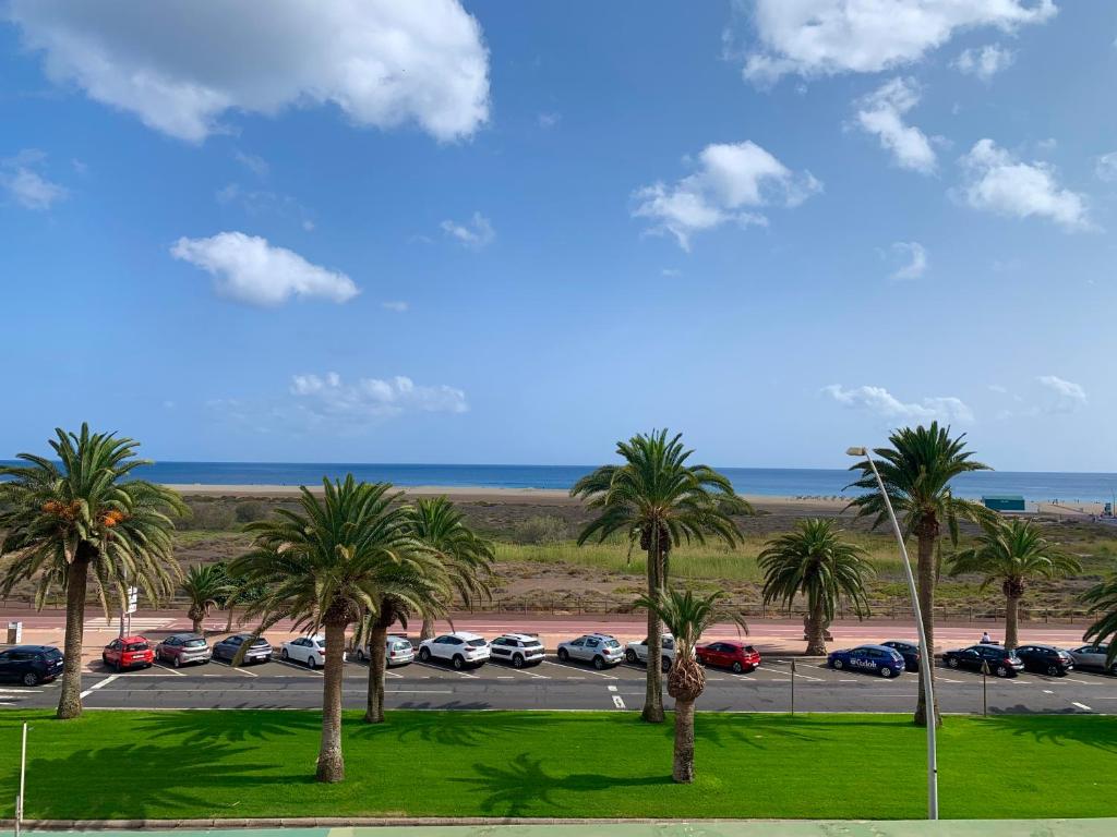 a parking lot with palm trees and the ocean at Apartamento PinkFloyd im Palm Garden in Morro del Jable