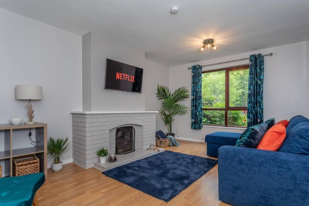 a living room with a blue couch and a fireplace at Templepatrick family home beside the Rabbit hotel in Templepatrick