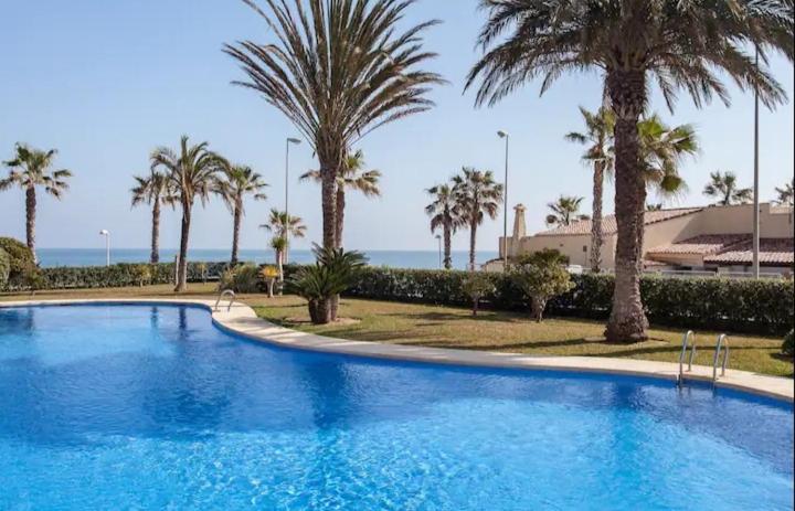 una gran piscina azul con palmeras y el océano en Estrella de Mar en Dénia