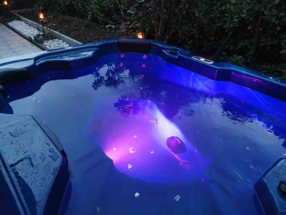una piscina con luz púrpura en el agua en Maison Time Break Jacuzzi - 4 étoiles en Thonon-les-Bains