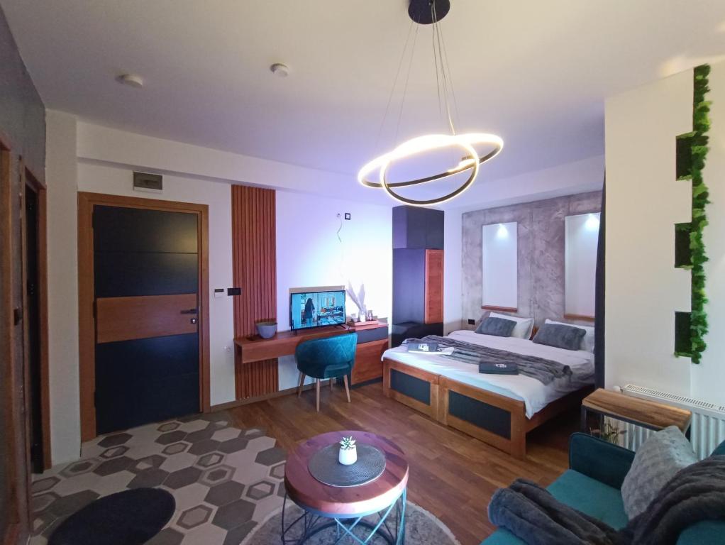 1 dormitorio con 1 cama y sala de estar en Square Luxury Apartments en Berovo