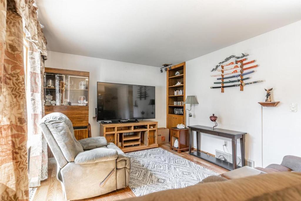 a living room with a tv and a couch and a fireplace at Blissful Retreat in Wisconsin Rapids in Wisconsin Rapids