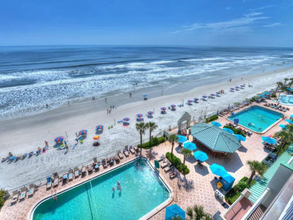 an overhead view of the beach and swimming pool at Oceanfront Condo at Daytona Beach Resort in Daytona Beach