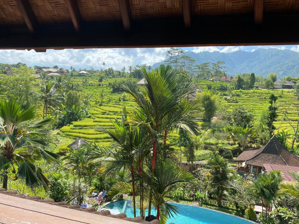 a view of a resort with a pool and a rice field at Abian Ayu Villa in Sidemen
