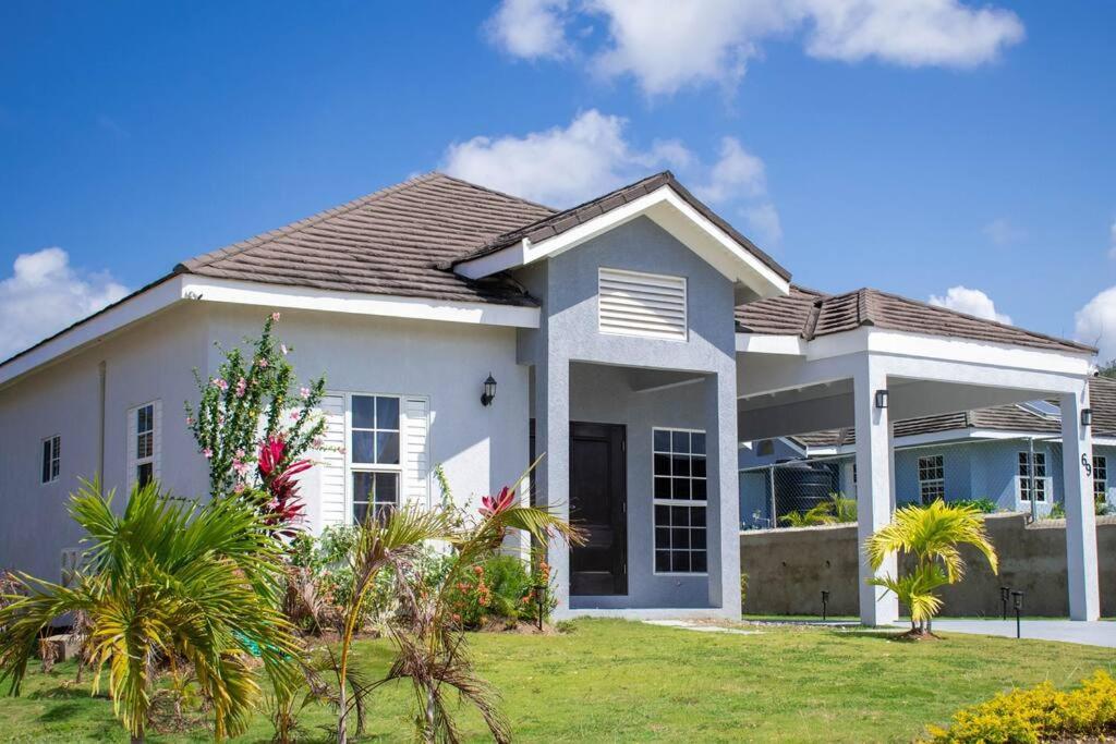 Boscobel的住宿－Luxurious 3-BDRM/King Bed/Gated/Near Ocho Rios，一座棕榈树掩映的白色房子
