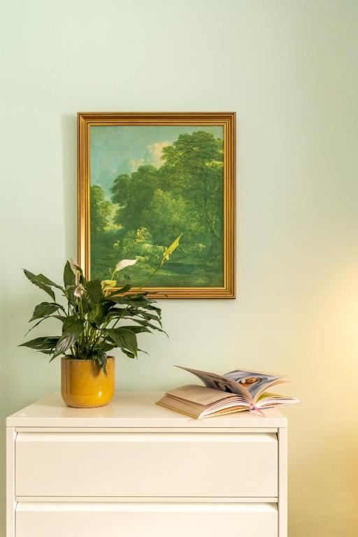 a painting on a wall above a white dresser with a plant at Boho Chic Apartment Stellenbosch in Stellenbosch