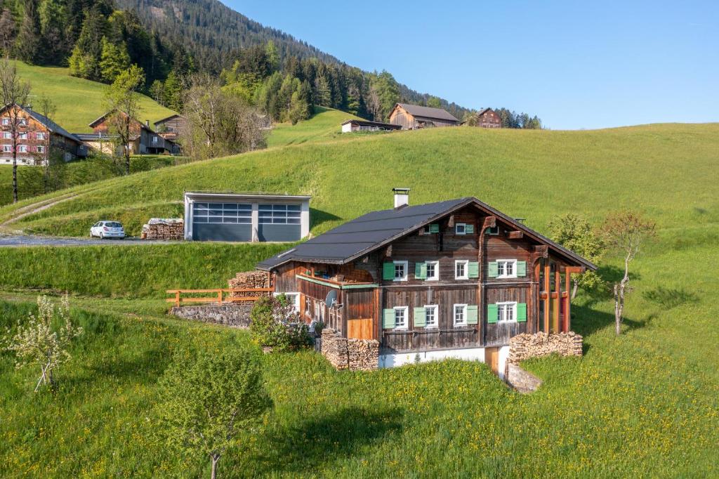 a house on a hill in a green field at Haus Holzwurm in Raggal