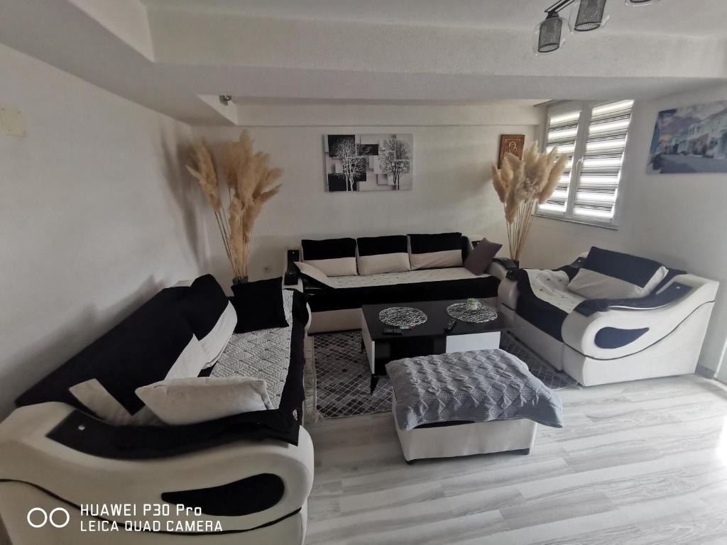 - un salon avec un canapé et une table dans l'établissement Center Struga Apartment, à Struga