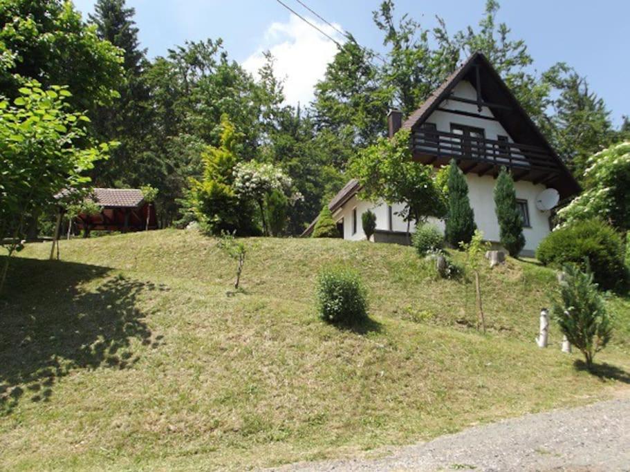 una piccola casa in cima a una collina erbosa di Kuća na osami pokraj jezera a Delnice