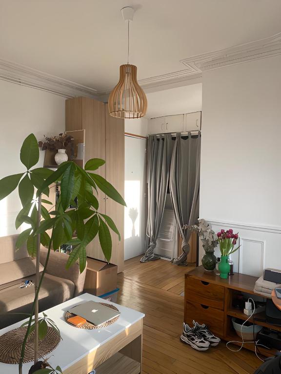 - un salon avec une table et une plante dans l'établissement Appartement ensoleillé, central et tout équipé avec vue Tour Eiffel et Panthéon, à Paris