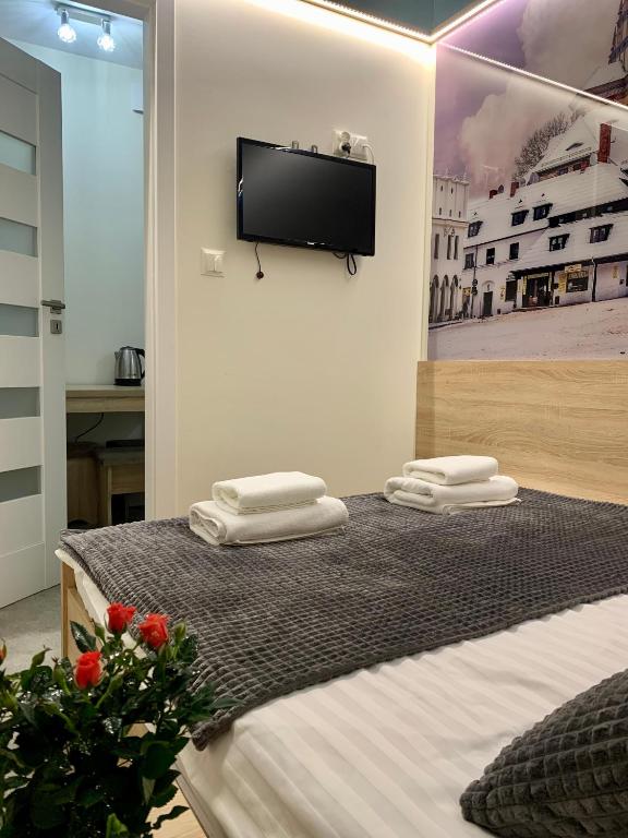 a bedroom with a bed with a flat screen tv on the wall at Apartament Błękitny in Kazimierz Dolny
