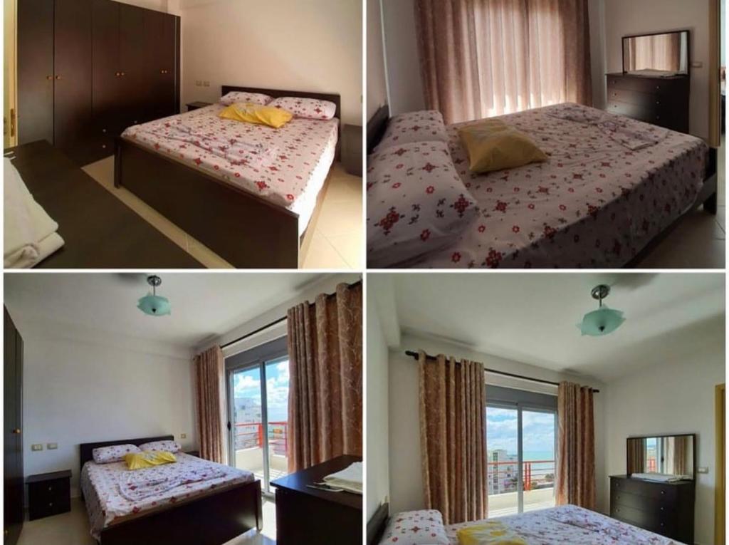 drie verschillende foto's van een slaapkamer met twee bedden bij BEACH FRONT RIEM in Durrës