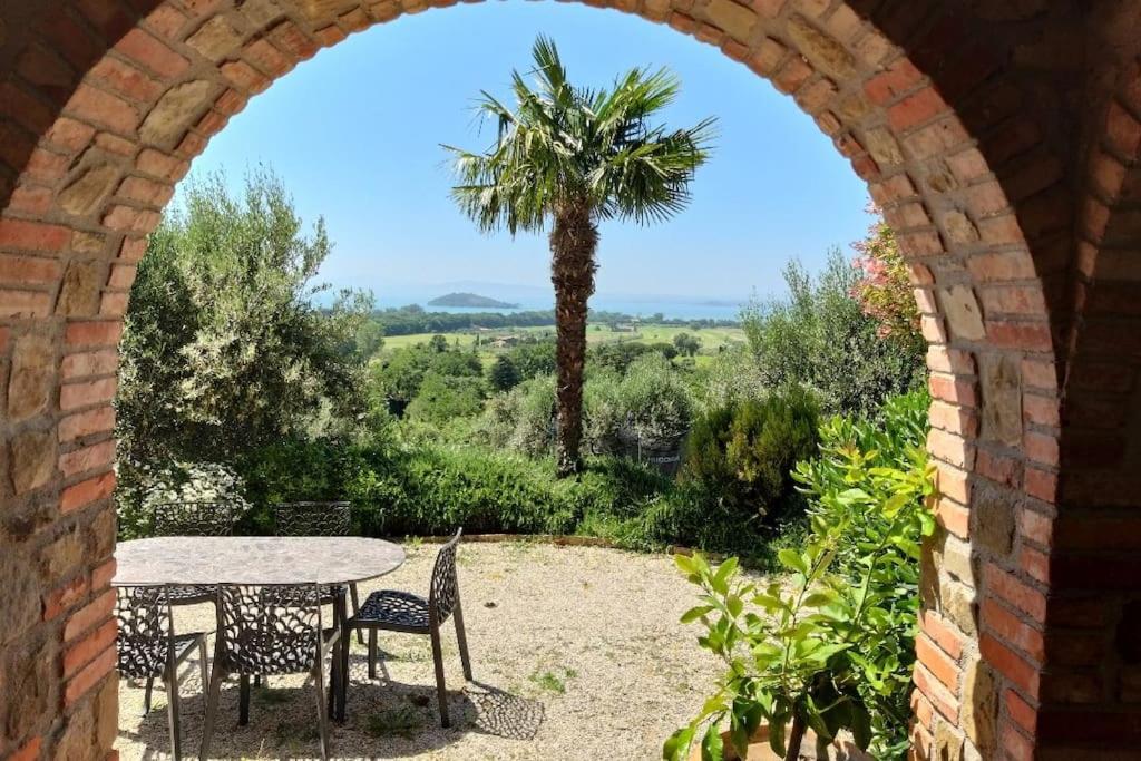 een boog met een tafel en een palmboom bij Bellavista:relax among the hills of Trasimeno lake in Tuoro sul Trasimeno