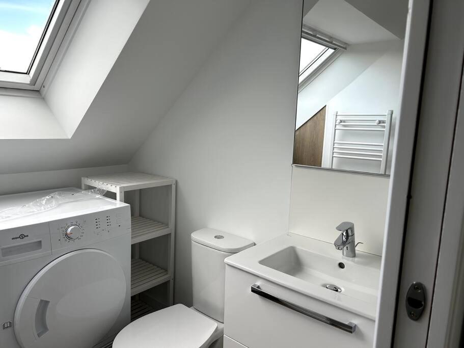 a white bathroom with a toilet and a sink at Charmant appartement chez Pat in Caen