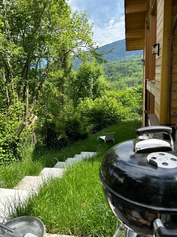 a grill on the side of a house with a view at Le Cabanon in Saint-Jorioz